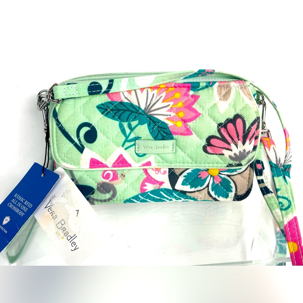 New Vera Bradley Iconic RFID All In One Crossbody Mint Flower
